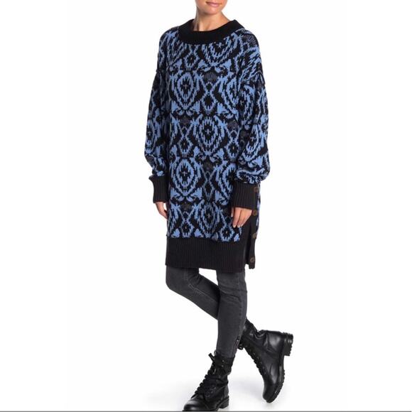 Free People Blue Black Winter Skies Print Tunic Dress Oversized Sweater Size M - Picture 2 of 13